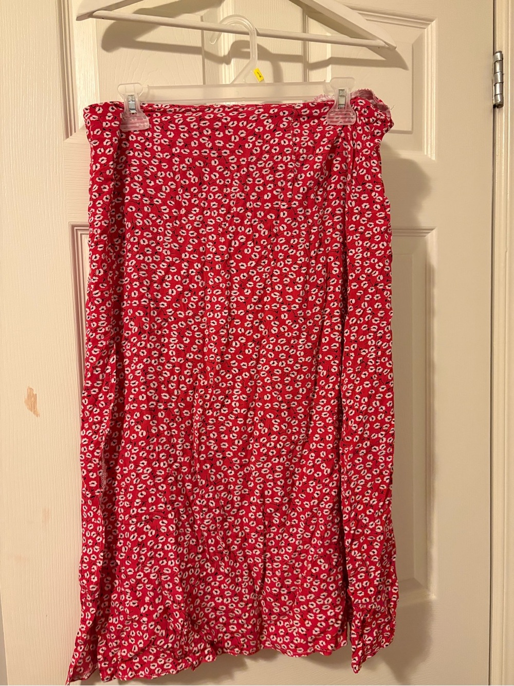 Red Floral Midi Skirt with Slit- Women